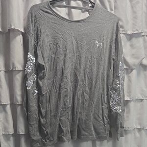 PINK Victoria's Secret Gray Top with Sequin Sleeves